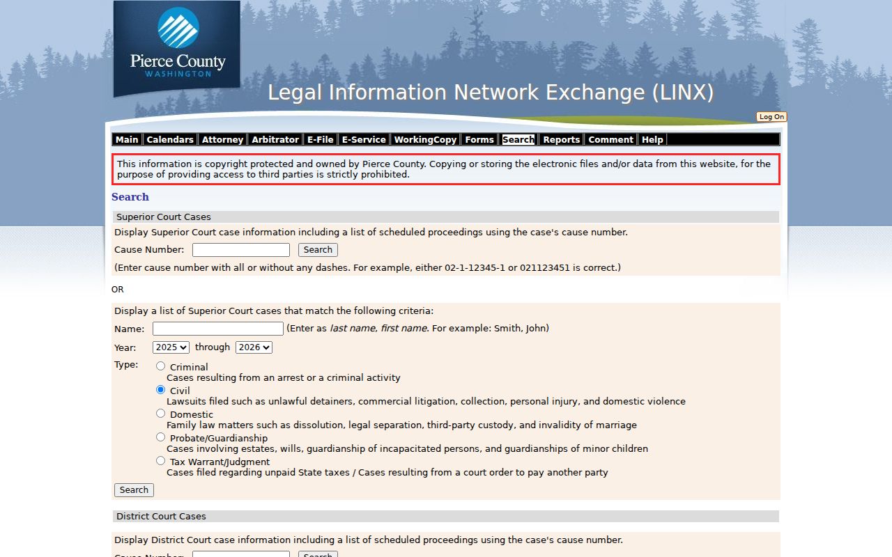 Pierce County resident lookup LINX court search